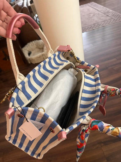 Trending Beaded Bags and Resort Collection - Kurt Geiger Blue White Striped Tote with Floral Twilly