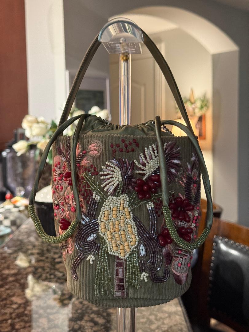 Trending Beaded Bags and Resort Collection - Olive Green Floral Bucket Beaded Bag