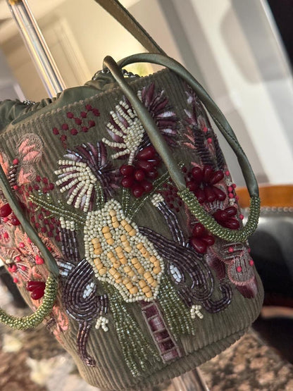 Trending Beaded Bags and Resort Collection - Olive Green Floral Bucket Beaded Bag