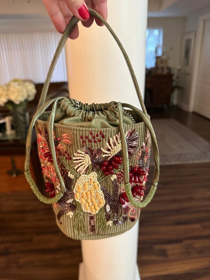 Trending Beaded Bags and Resort Collection - Olive Green Floral Bucket Beaded Bag