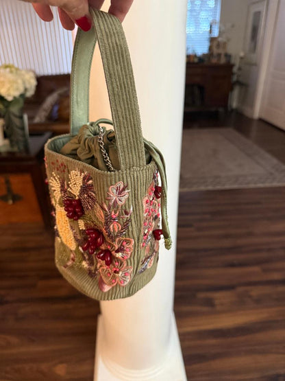 Trending Beaded Bags and Resort Collection - Olive Green Floral Bucket Beaded Bag