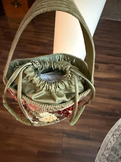 Trending Beaded Bags and Resort Collection - Olive Green Floral Bucket Beaded Bag