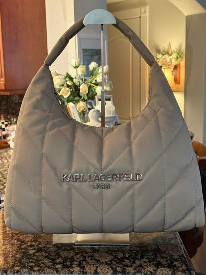 Trending Beaded Bags and Resort Collection - Karl Lagerfeld Paris Kaki Puffer Shopper Tote Bag