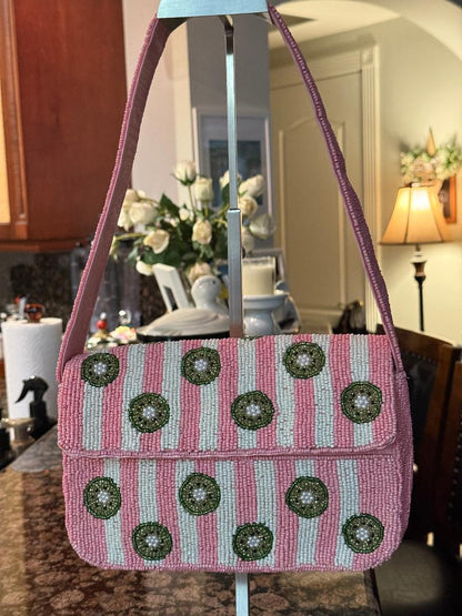 Trending Beaded Bags and Resort Collection - Pink & White Striped Kiwi Beaded Shoulder Bag