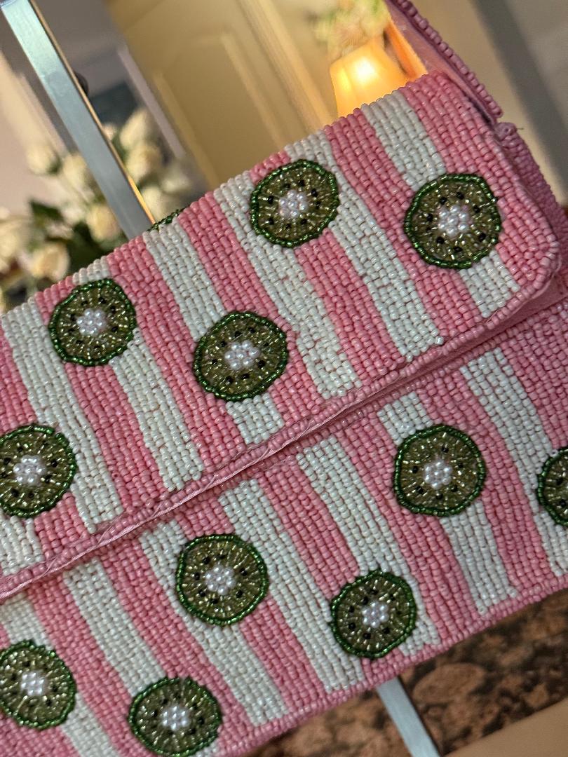 Trending Beaded Bags and Resort Collection - Pink & White Striped Kiwi Beaded Shoulder Bag