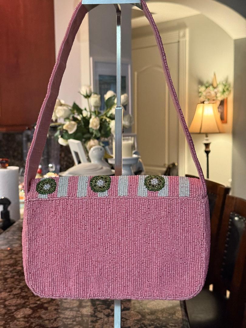 Trending Beaded Bags and Resort Collection - Pink & White Striped Kiwi Beaded Shoulder Bag