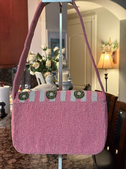 Trending Beaded Bags and Resort Collection - Pink & White Striped Kiwi Beaded Shoulder Bag