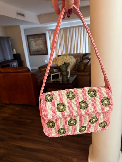 Trending Beaded Bags and Resort Collection - Pink & White Striped Kiwi Beaded Shoulder Bag