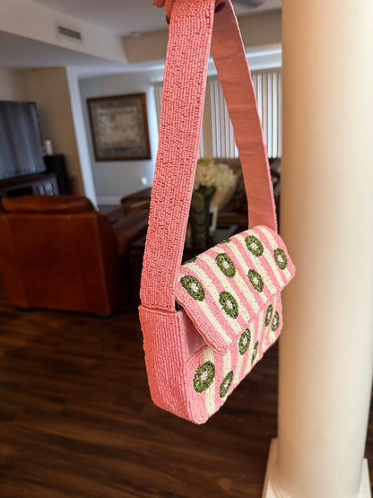 Trending Beaded Bags and Resort Collection - Pink & White Striped Kiwi Beaded Shoulder Bag