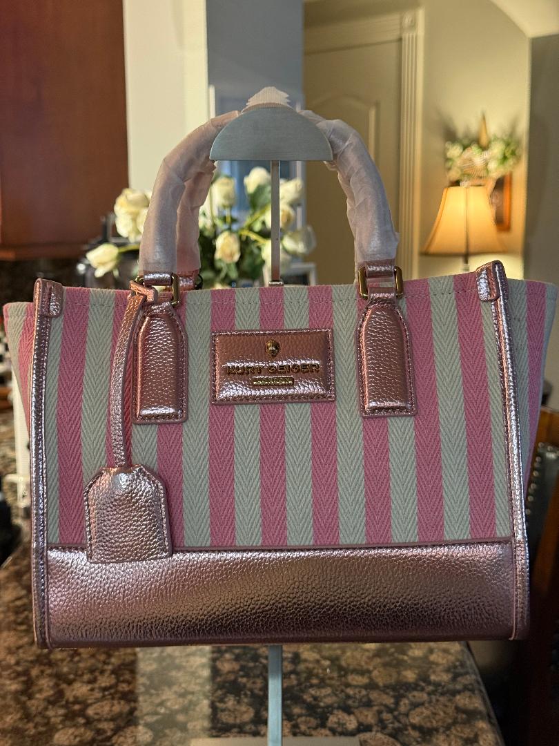 Trending Beaded Bags and Resort Collection - Kurt Geiger Canvas Pink and White Stripes Tote Bag