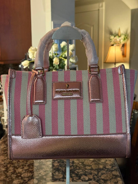 Trending Beaded Bags and Resort Collection - Kurt Geiger Canvas Pink and White Stripes Tote Bag