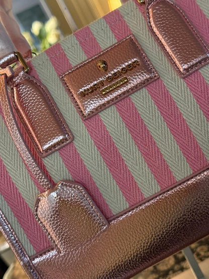 Trending Beaded Bags and Resort Collection - Kurt Geiger Canvas Pink and White Stripes Tote Bag