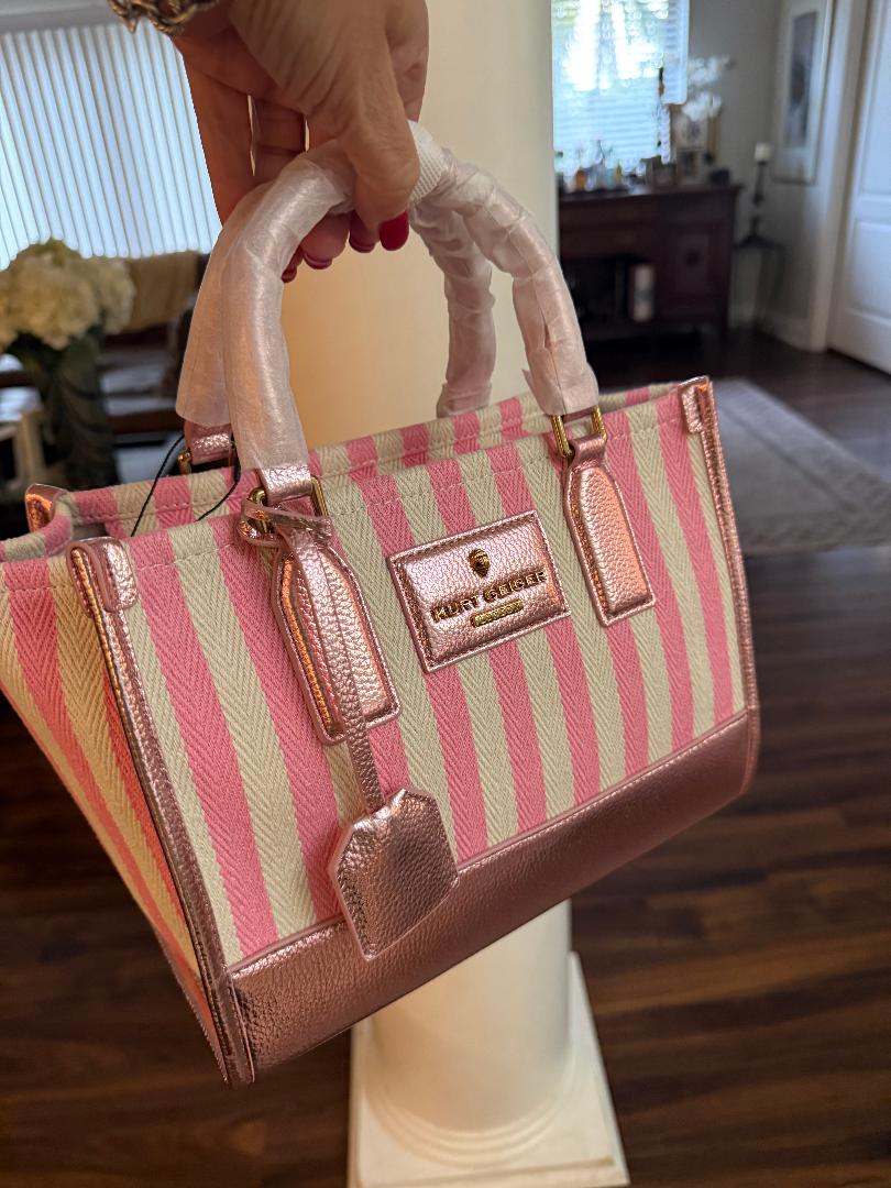 Trending Beaded Bags and Resort Collection - Kurt Geiger Canvas Pink and White Stripes Tote Bag