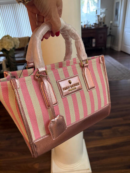 Trending Beaded Bags and Resort Collection - Kurt Geiger Canvas Pink and White Stripes Tote Bag