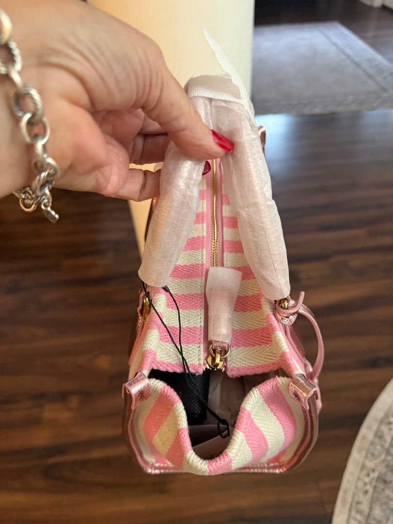 Trending Beaded Bags and Resort Collection - Kurt Geiger Canvas Pink and White Stripes Tote Bag