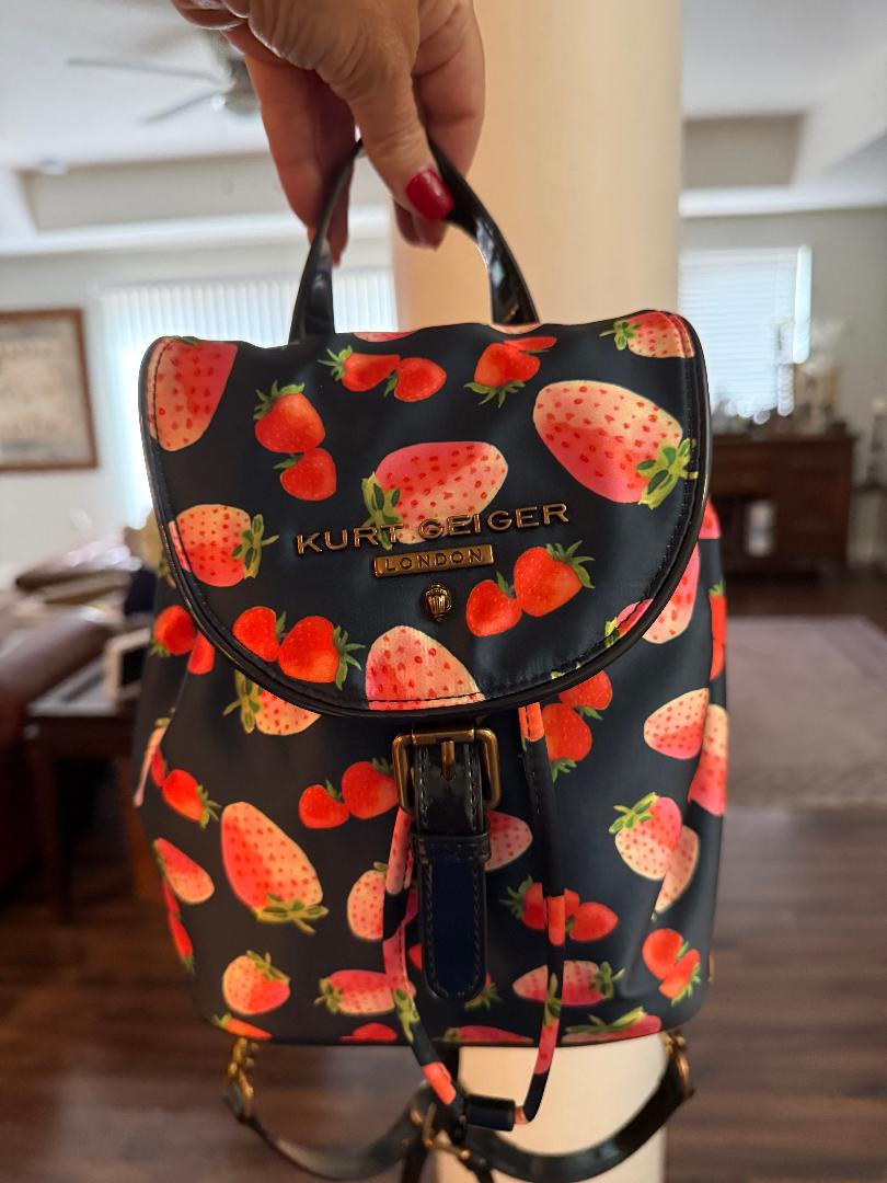 Trending Beaded Bags and Resort Collection | Kurt Geiger Strawberry Black Patent Leather Backpack