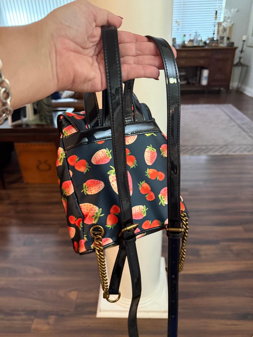 Trending Beaded Bags and Resort Collection | Kurt Geiger Strawberry Black Patent Leather Backpack