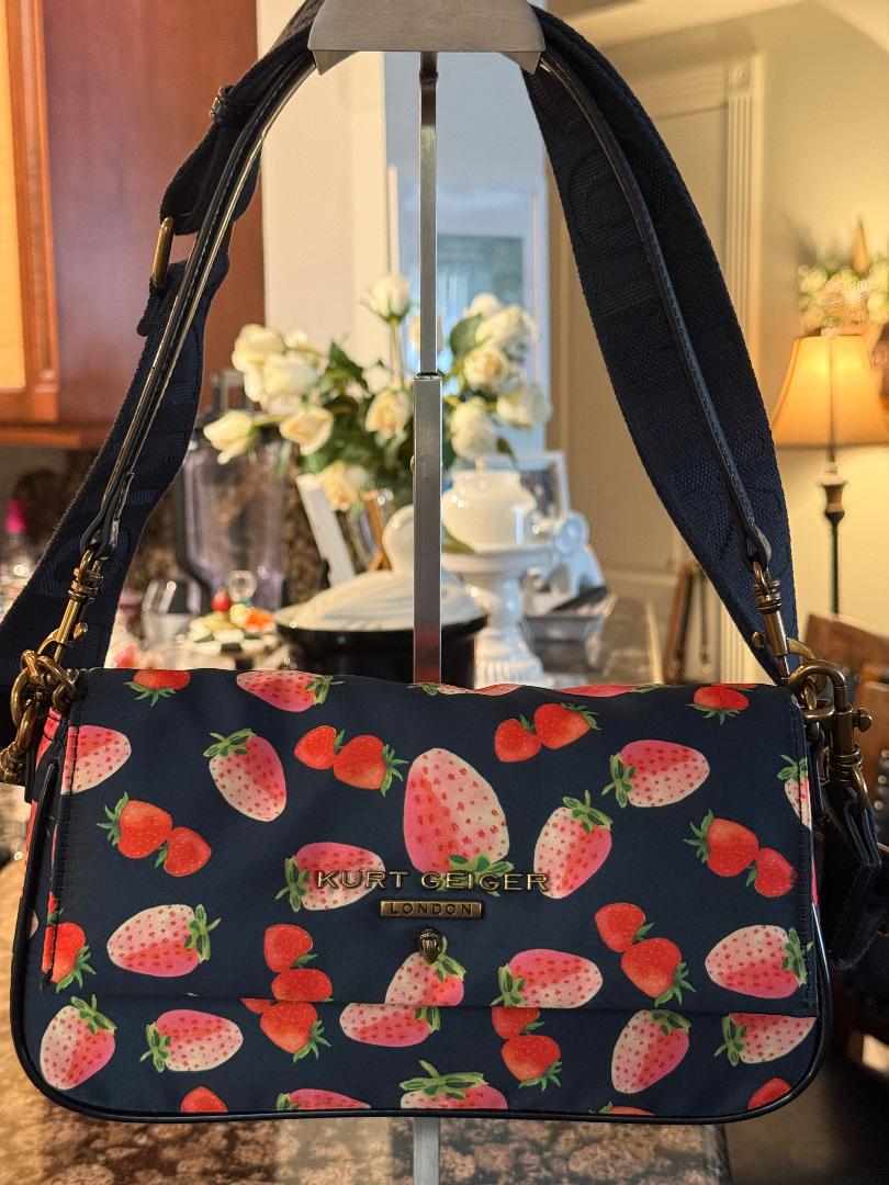 Trending Beaded Bags and Resort Collection | Kurt Geiger Strawberry Black Patent Leather Shoulder Bag with Crossbody Strap