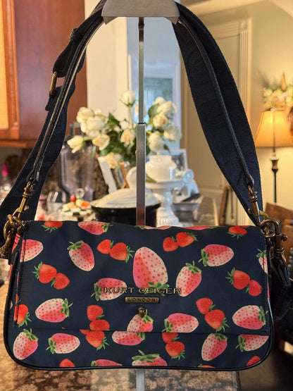 Trending Beaded Bags and Resort Collection | Kurt Geiger Strawberry Black Patent Leather Shoulder Bag with Crossbody Strap