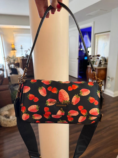 Trending Beaded Bags and Resort Collection | Kurt Geiger Strawberry Black Patent Leather Shoulder Bag with Crossbody Strap