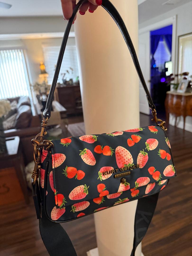 Trending Beaded Bags and Resort Collection | Kurt Geiger Strawberry Black Patent Leather Shoulder Bag with Crossbody Strap