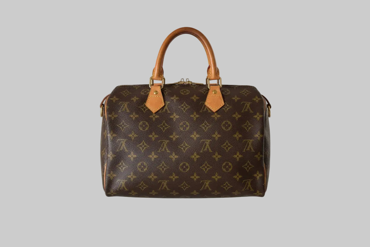 Louis Vuitton Speedy 25 Designer handbag with monogram pattern on a gray background