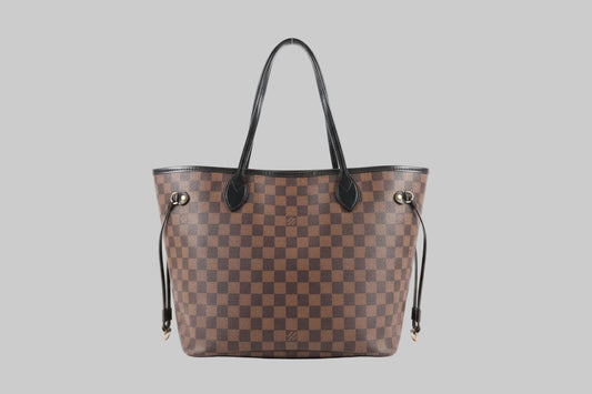 Louis Vuitton Brown checkered handbag with black handles on a light gray background