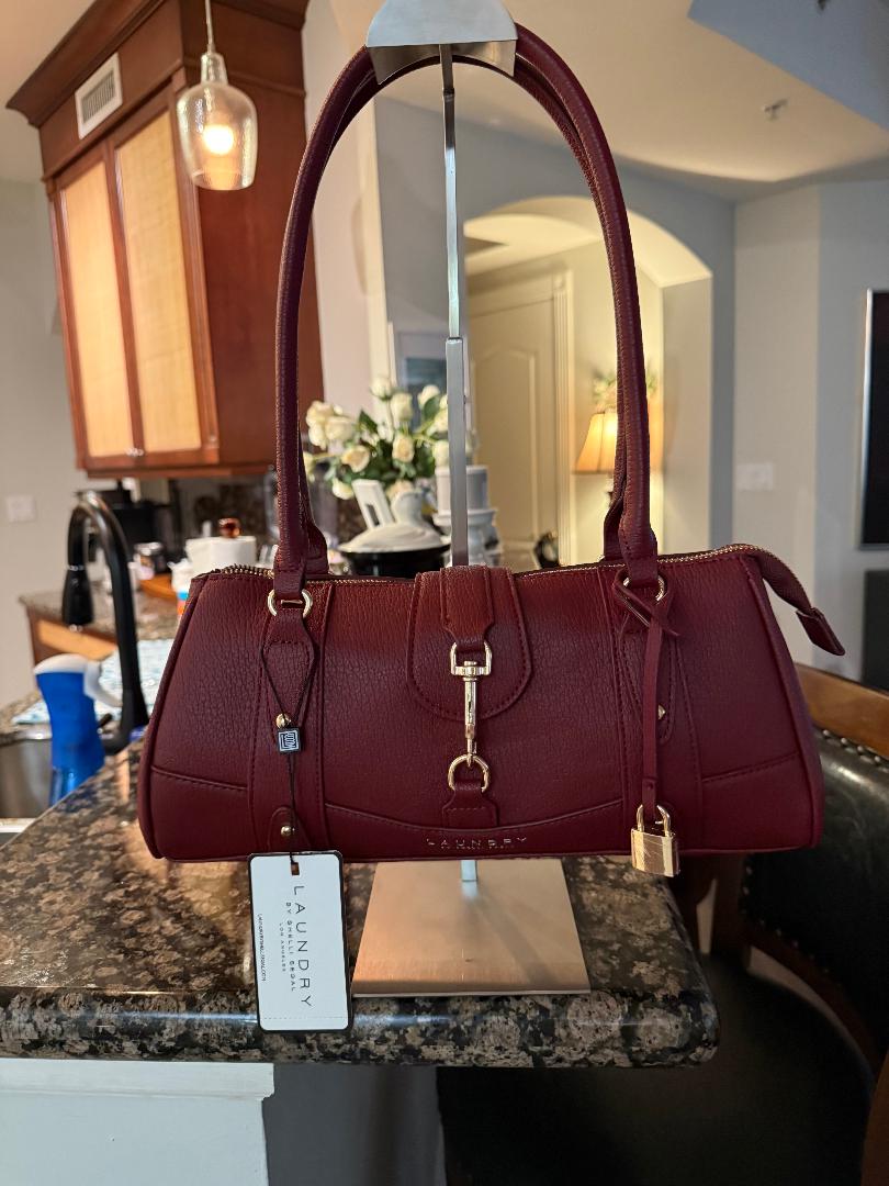 Trending Beaded Bags and Resort Collection - Laundry Burgundy Shoulder Bag with Gold Lock and accents