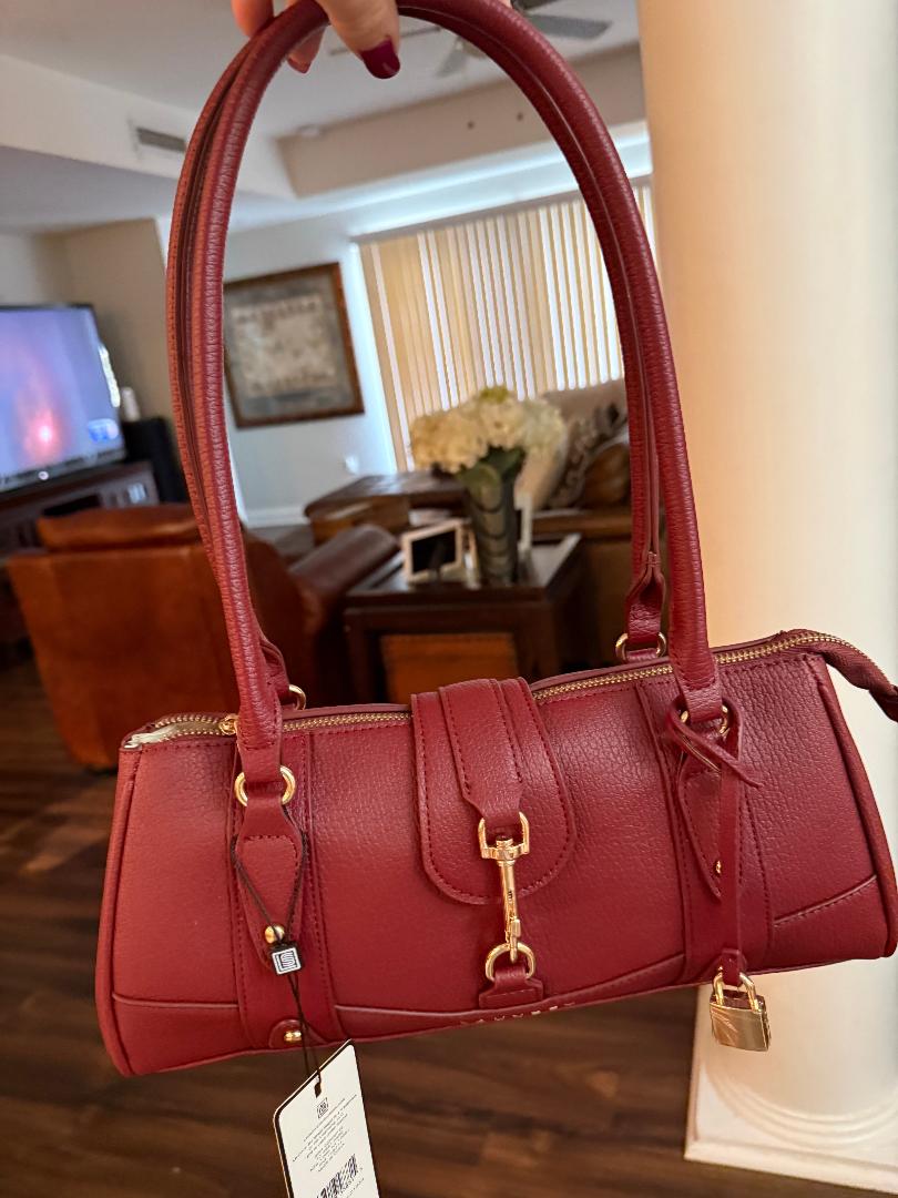 Trending Beaded Bags and Resort Collection - Laundry Burgundy Shoulder Bag with Gold Lock and accents