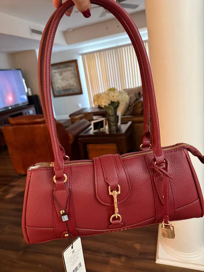 Trending Beaded Bags and Resort Collection - Laundry Burgundy Shoulder Bag with Gold Lock and accents