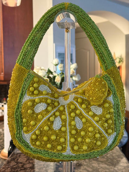 Trending Beaded Bags and Resort Collection - Lemon Slice Beaded Top Handle Clutch