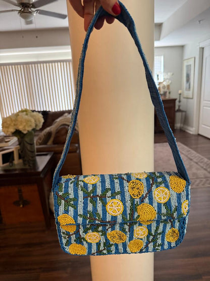 Trending Beaded Bags and Resort Collection - Lemons Blue & White Beaded Shoulder Bag