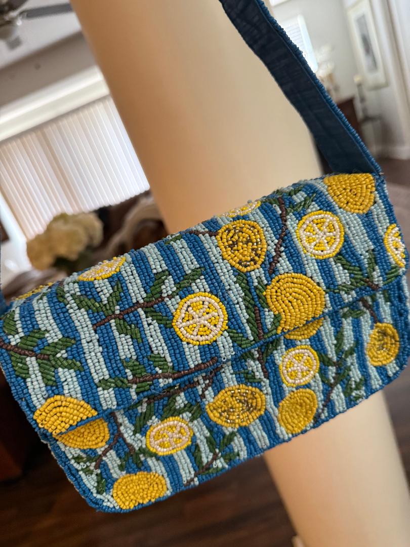 Trending Beaded Bags and Resort Collection - Lemons Blue & White Beaded Shoulder Bag