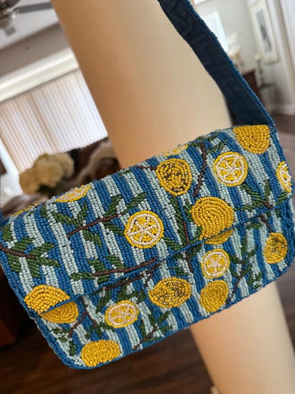 Trending Beaded Bags and Resort Collection - Lemons Blue & White Beaded Shoulder Bag