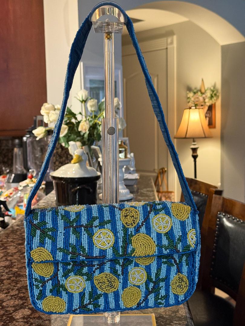 Trending Beaded Bags and Resort Collection - Lemons Blue & White Beaded Shoulder Bag