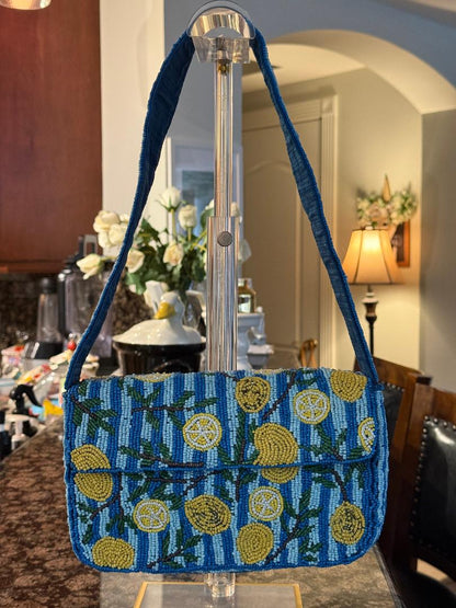 Trending Beaded Bags and Resort Collection - Lemons Blue & White Beaded Shoulder Bag