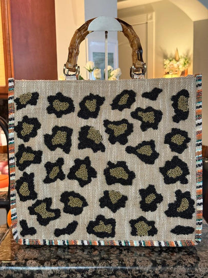 Trending Beaded Bags and Resort Collection - America & Beyond Leopard Print Bamboo Tote