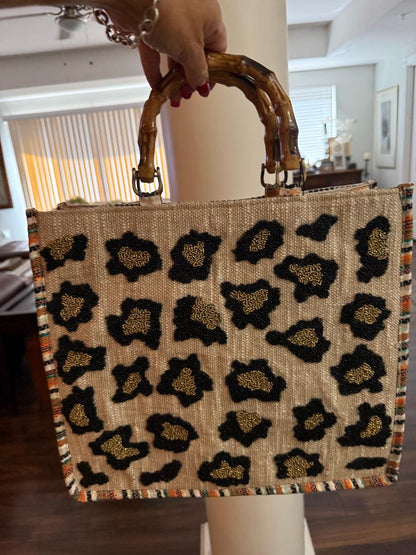 Trending Beaded Bags and Resort Collection - America & Beyond Leopard Print Bamboo Tote