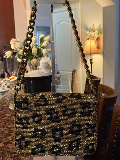 Trending Beaded Bags and Resort Collection - Gold Leopard Beaded Sequin Shoulder Bag with Gold Chain