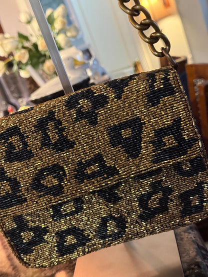Trending Beaded Bags and Resort Collection - Gold Leopard Beaded Sequin Shoulder Bag with Gold Chain