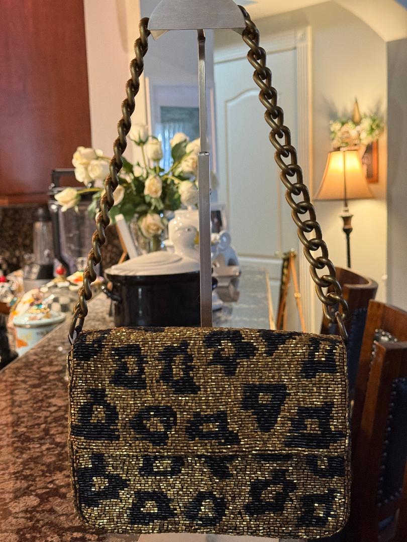 Trending Beaded Bags and Resort Collection - Gold Leopard Beaded Sequin Shoulder Bag with Gold Chain