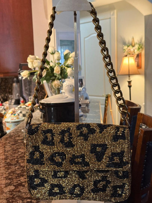Trending Beaded Bags and Resort Collection - Gold Leopard Beaded Sequin Shoulder Bag with Gold Chain