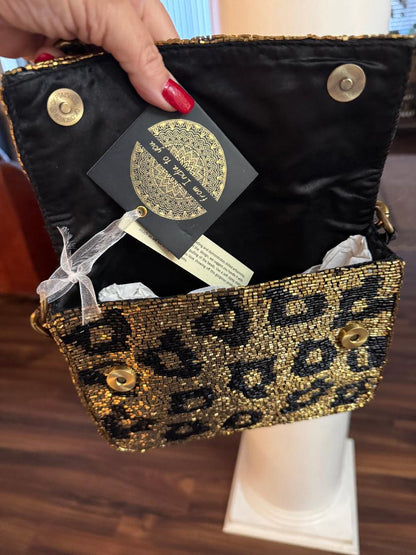 Trending Beaded Bags and Resort Collection - Gold Leopard Beaded Sequin Shoulder Bag with Gold Chain