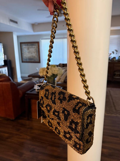Trending Beaded Bags and Resort Collection - Gold Leopard Beaded Sequin Shoulder Bag with Gold Chain