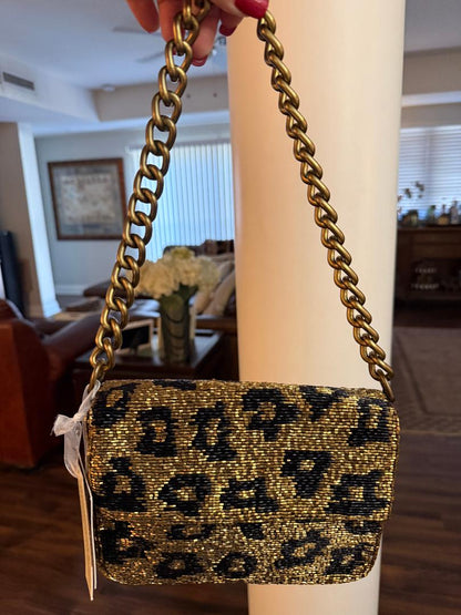 Trending Beaded Bags and Resort Collection - Gold Leopard Beaded Sequin Shoulder Bag with Gold Chain