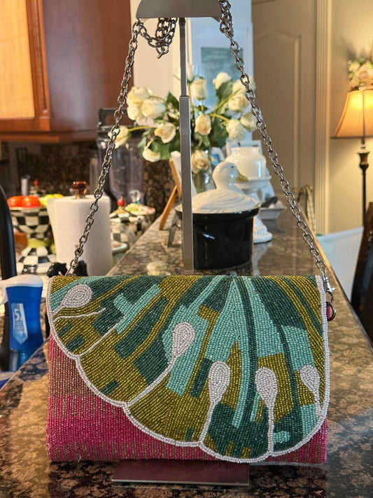 Trending Beaded Bags and Resort Collection - America & Beyond Water Lily Beaded Clutch with Crossbody Chain