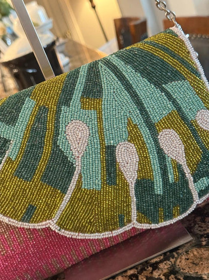 Trending Beaded Bags and Resort Collection - America & Beyond Water Lily Beaded Clutch with Crossbody Chain