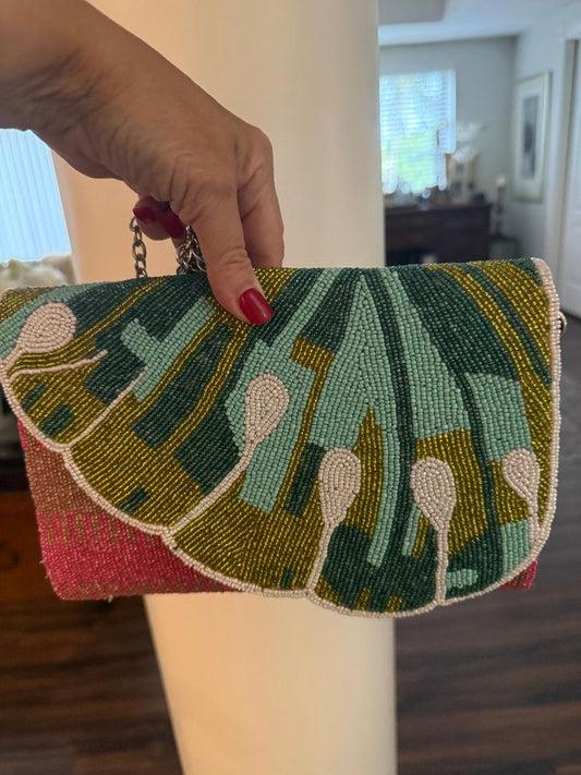 Trending Beaded Bags and Resort Collection - America & Beyond Water Lily Beaded Clutch with Crossbody Chain
