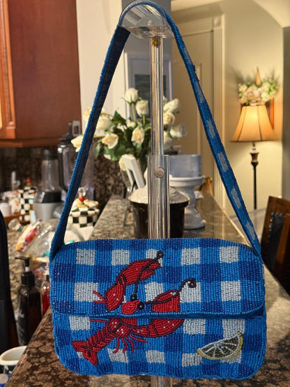 Trending Beaded Bags and Resort Collection - Red Lobster Checkered Beaded Shoulder Bag