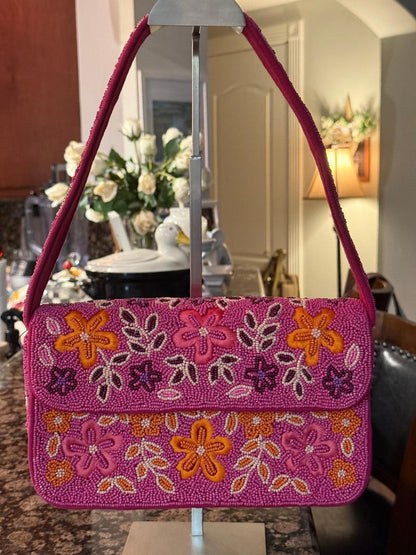 Trending Beaded Bags and Resort Collection - Pink Multi Floral Beaded Shoulder Bag